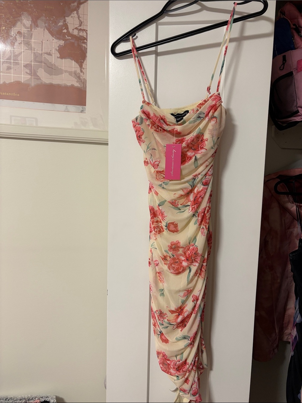 Floral Cowl Neck Spaghetti Strap Dress in Cream and Pink
